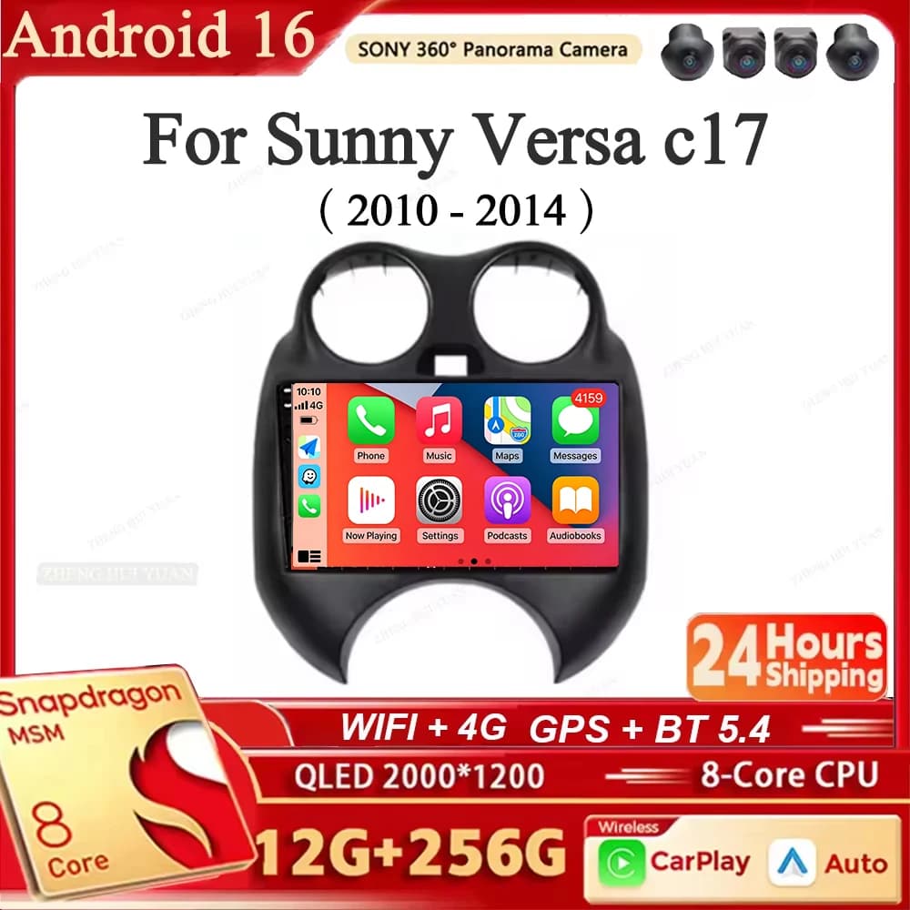 Autoradio Android 16 con Navigazione, Lettore Multimediale Stereo, Carplay e Auto per Nissan Sunny Versa c17 2010 - 2014