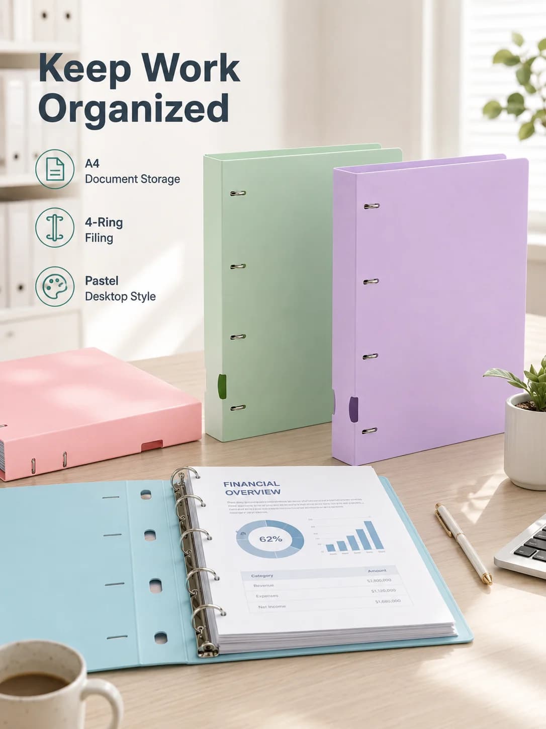 Macaron A4 4-Hole Binder Folder, New Office Document Organizer, Test Paper 4-Ring Storage File
