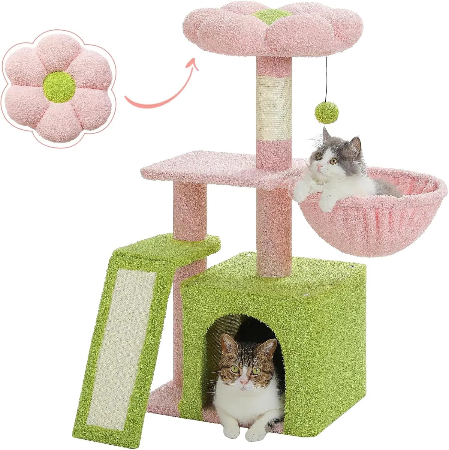 Albero per Gatti da 32'' con Fiori Rosa, Rampa Tiragraffi, Amaca e Letto Rimovibile per Gatti da Interno