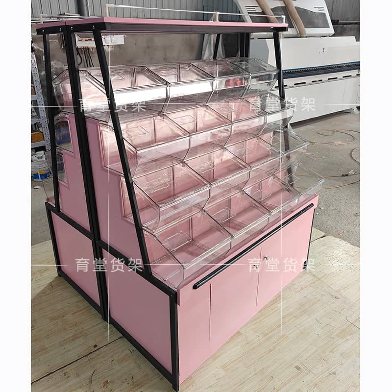 Scaffali per snack sciolti da supermercato frutta secca caramelle grani biscotti vetrina snack espositore multistrato commerciale