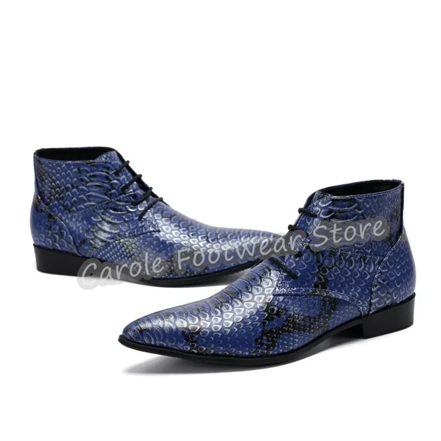 Men's Snake Print Genuine Leather Ankle Boots Pointed Toe Chunky Heel Lace-Up Dress Boots Male British Style Formal Party Boots