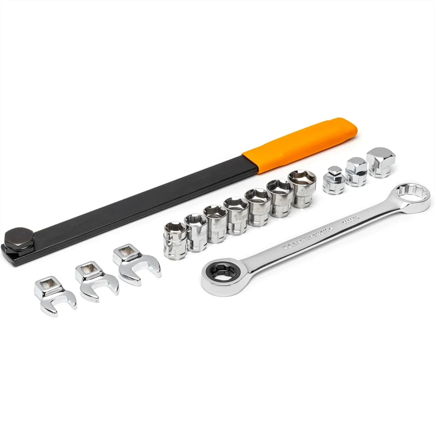 Set di 15 Utensili a Cricchetto per Cinghie Serpentine con Tenditore a Molla, Include Bussole e Attacco a Zoccolo di Corvo