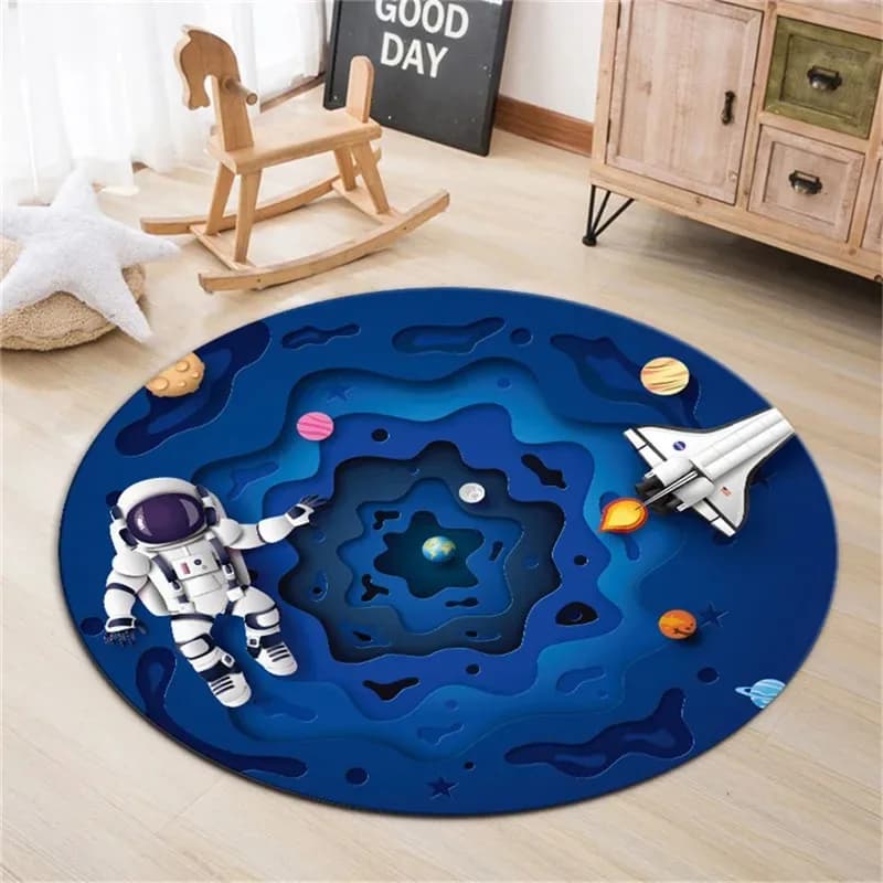 Simpatico cartone animato Astronauta spaziale Tappeto rotondo stampato in poliestere Camera da letto per bambini Tappetino da gioco Camera da ragazzo Strisciante Tapete Redondo