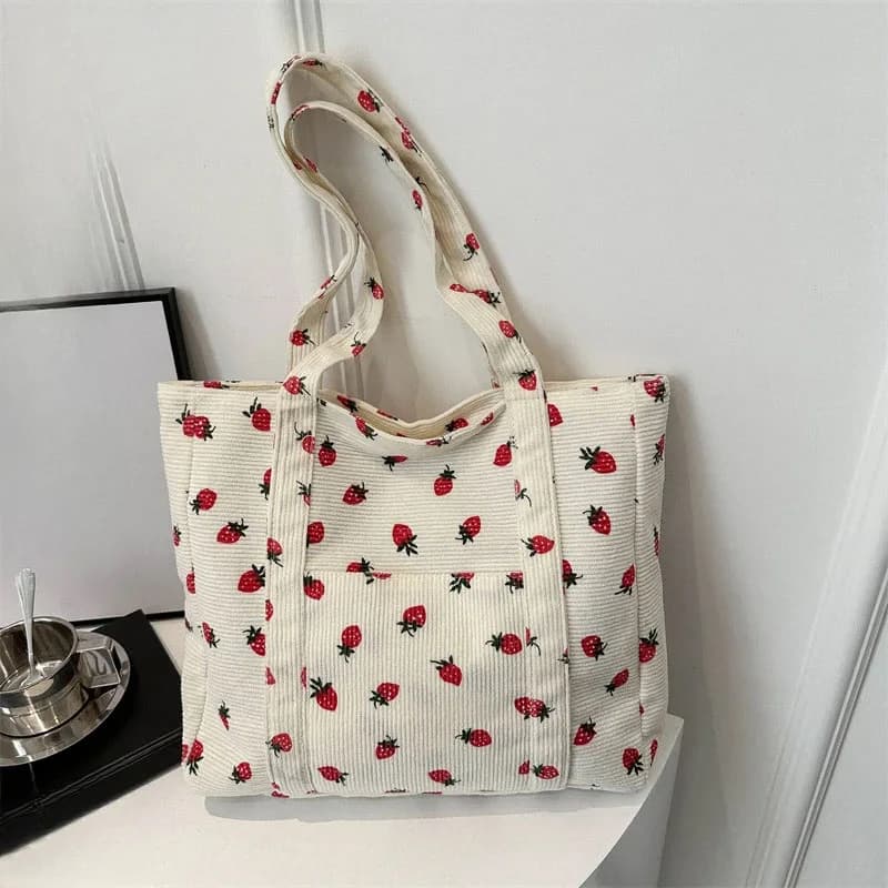 Large Capacity Simple Commuter Women's Tote Bag Corduroy Handbag Strawberries Beach Bag Fashionable Versatile Shoulder Bag
