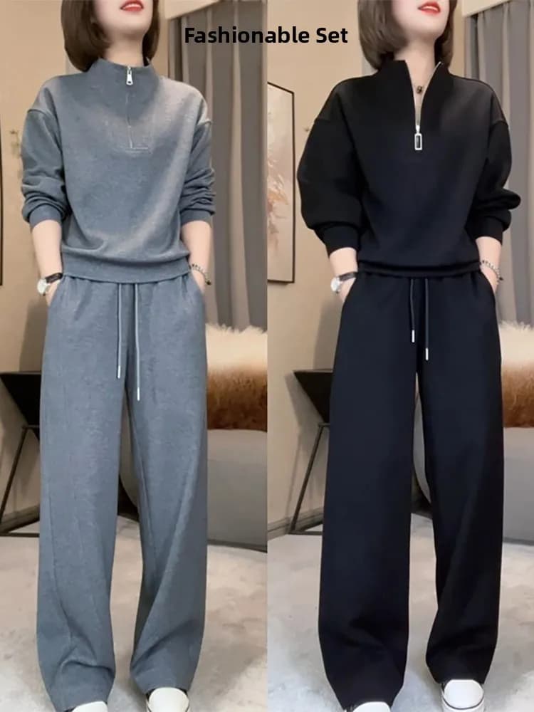 Spring 2026 Loose Casual Fashionable Sportswear Set Sweatshirt Wide Leg Pants Two Piece Set Meat Concealing Slimming Effect