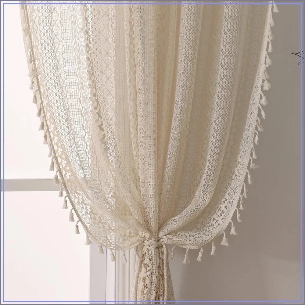 Boho Crochet Curtains 84in Long, 2 Panels, Semi Sheer Light Filtering, Rod Pocket, Tassel Trim, Beige