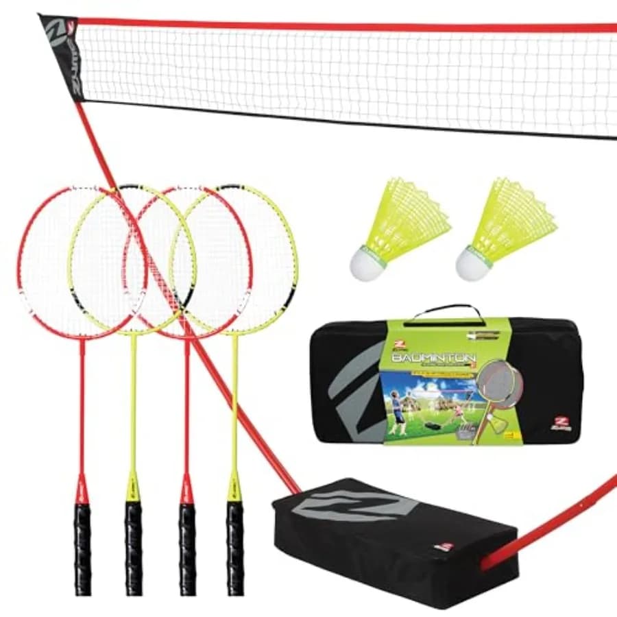 Set da badminton portatile per uso esterno, telaio in acciaio, base bianca autoportante, si monta su qualsiasi superficie in pochi secondi senza attrezzi o strumenti.