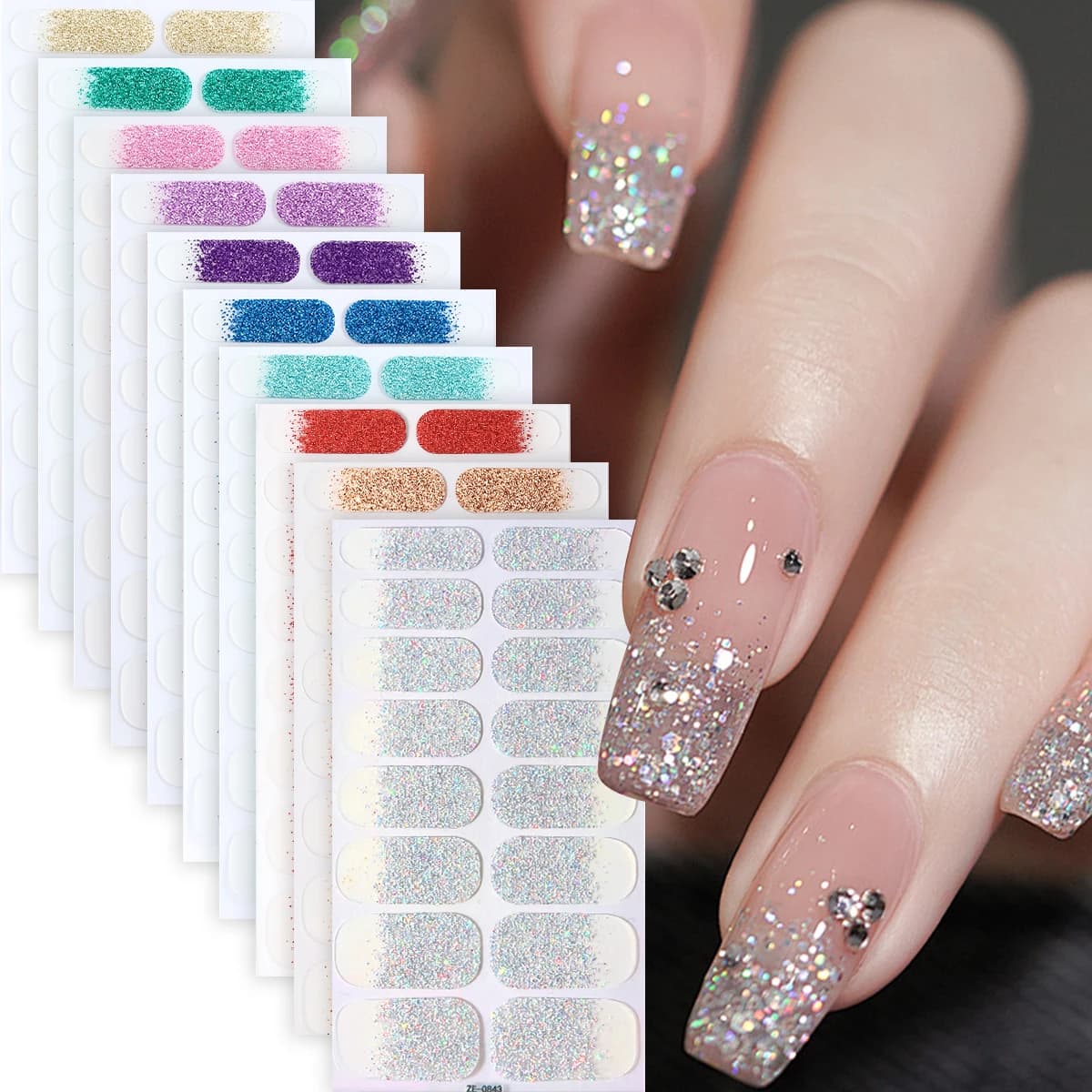 16 punte/10 fogli adesivi per unghie a copertura totale strisce di smalto scintillante sfumato adesivi per nail art glitter decorazione per manicure