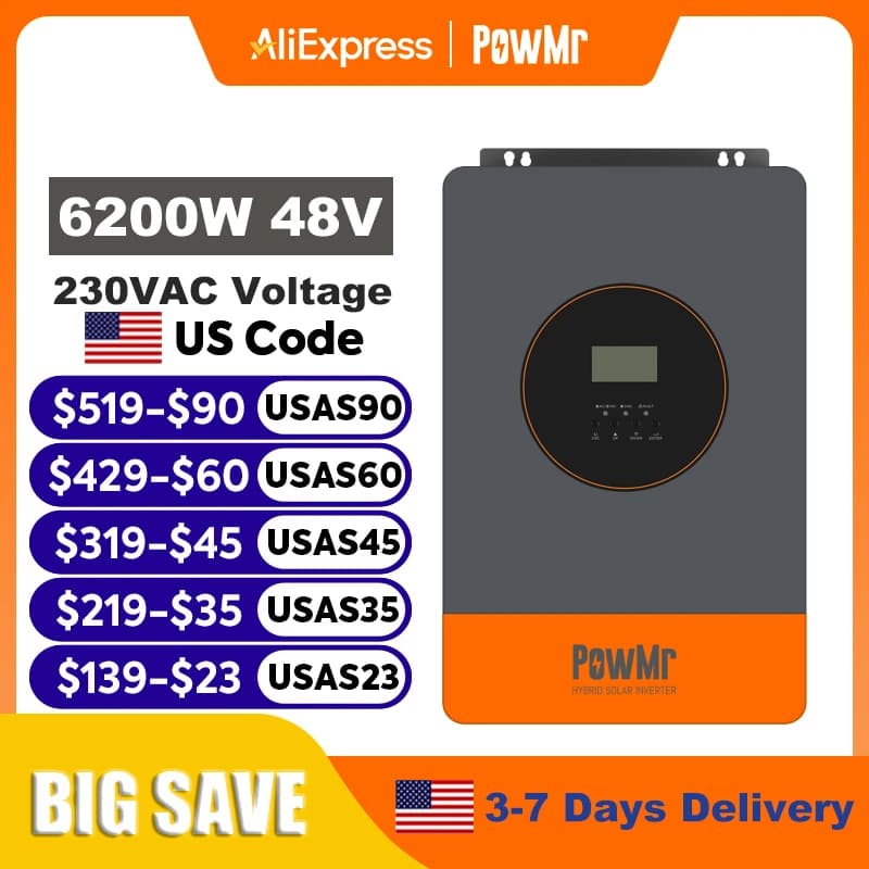 PowMr 6200W Inverter solare ibrido 48V 220V Off grid Inverter con caricabatterie MPPT 120A Funziona senza batteria parallela Fino a 12 unità