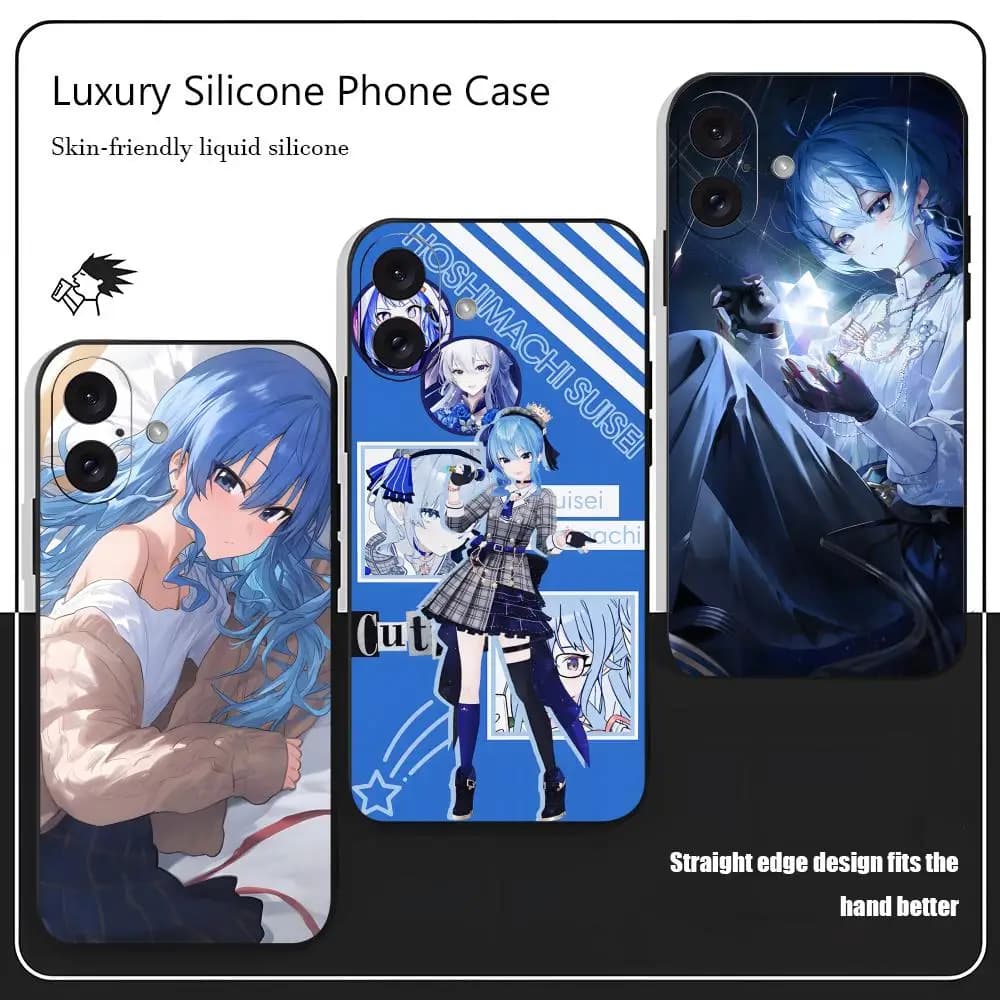 Cover per iPhone Virtual Hoshimachi Suisei per modelli 17 16 15 14 13 12 X XR XS 8 Plus Mini Pro Max, morbida, nera, antiurto