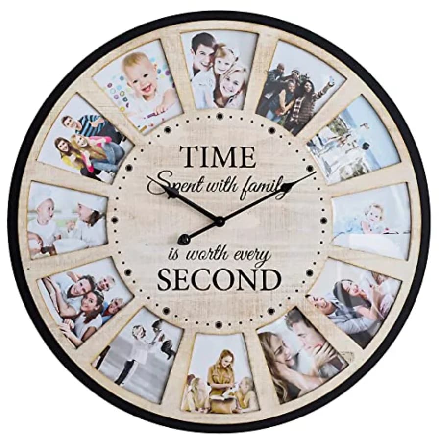Orologio da Parete Rustico in Legno con 12 Foto, Grande Orologio per Famiglia con Immagini, per Soggiorno, Cucina, Silenzioso, a Batteria