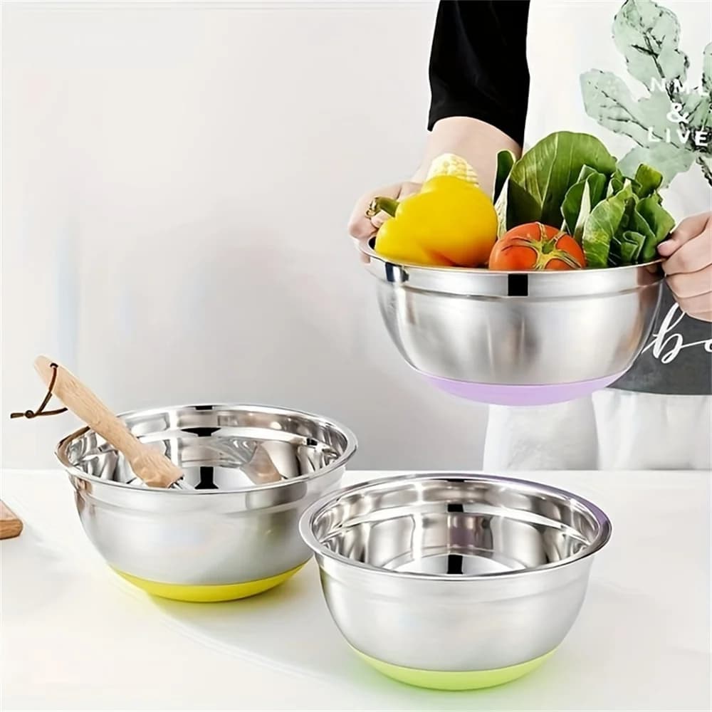 Set of color covered stainless steel kitchen bowls with multifunctional cover for freshness preservation