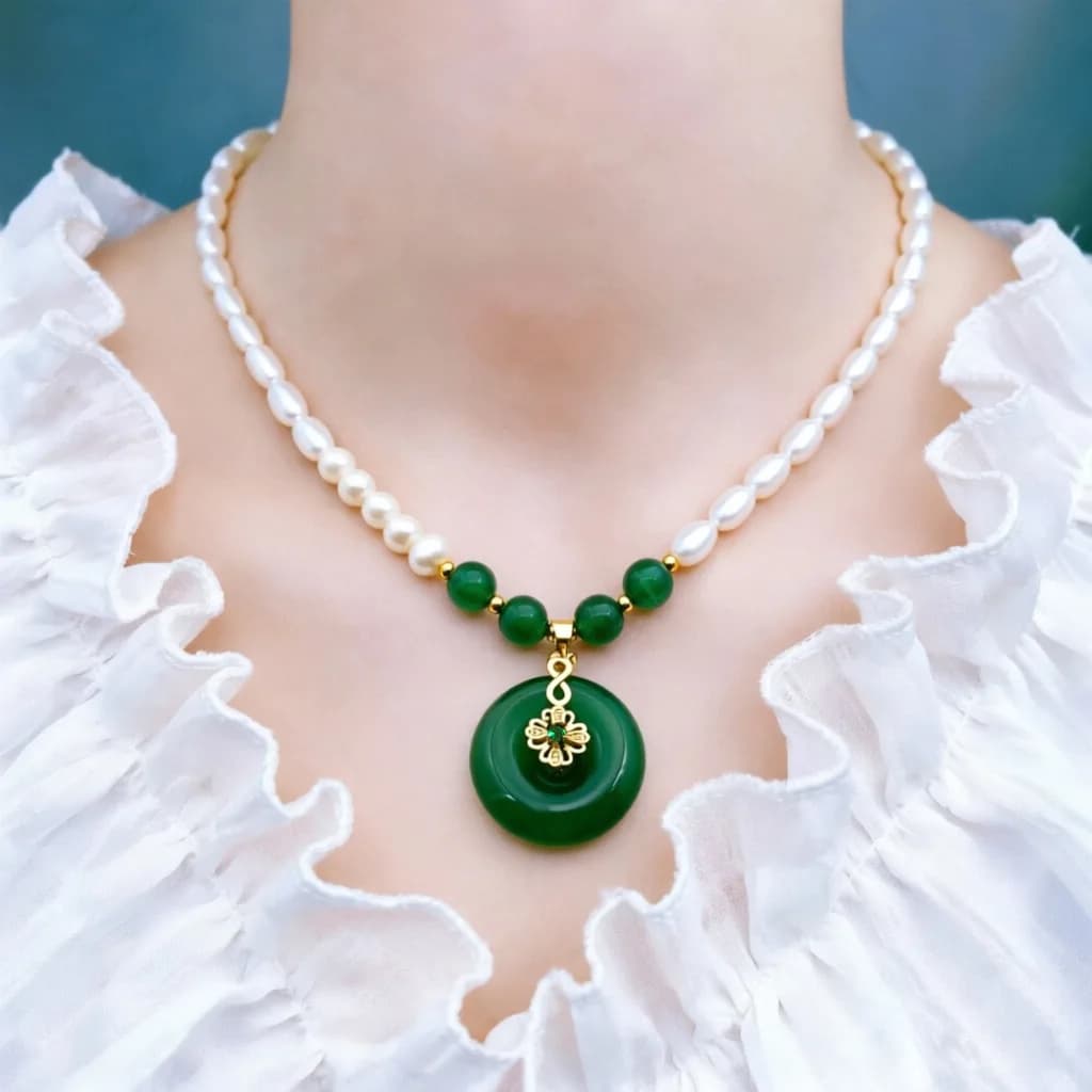 Collana con perle d'acqua dolce in stile cinese, fibbia in agata verde, ciondolo in giada, catena per clavicola, accessorio elegante e versatile per donna
