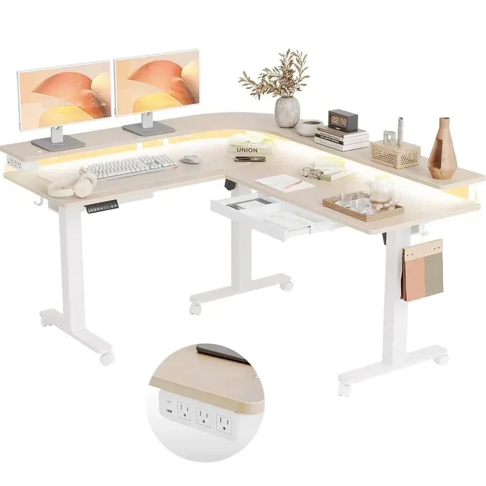 63 Adjustable Electric L-Shaped Desk with Drawers, LED Lights, Monitor Stand, Power Outlet, 4 Memory Settings
