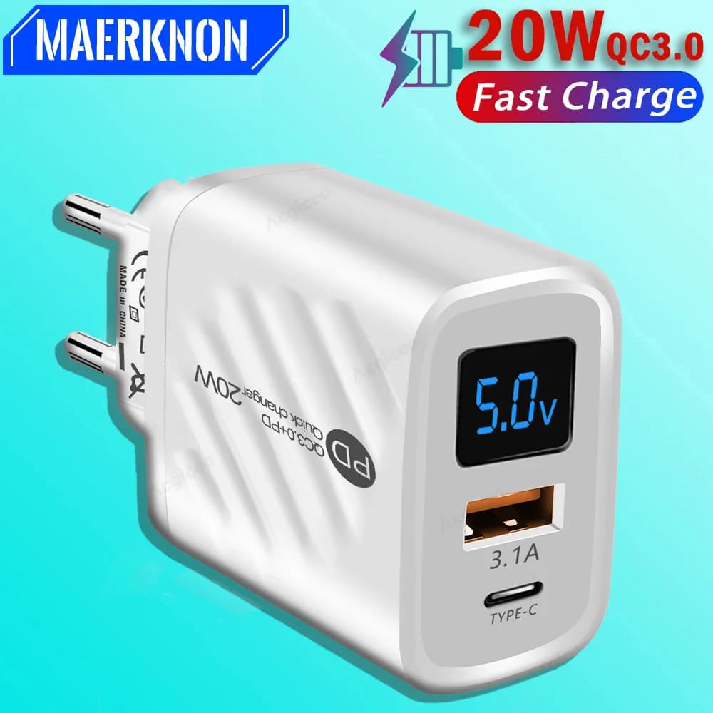 Caricatore USB PD da 20 W con display digitale per iPhone, Samsung, Xiaomi, Huawei, caricabatterie per cellulari con ricarica rapida Quick Charge 3.0
