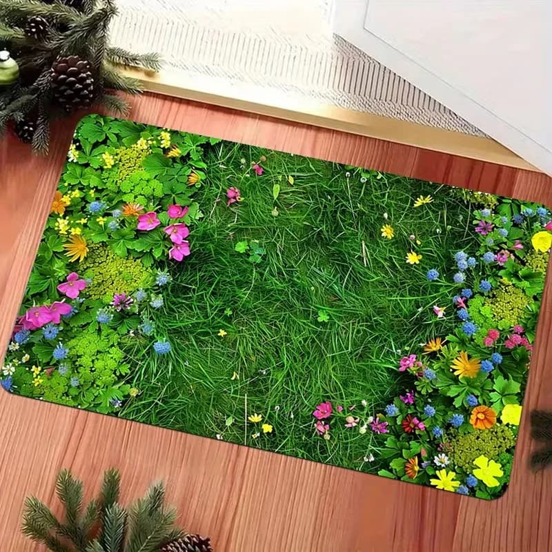 Tappetino d'ingresso con stampa Lush Grass and Bloom, lavabile, morbido, per cucina, soggiorno, camera da letto, decorazione primaverile per interni