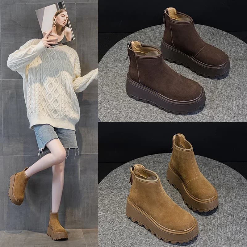 Scarpe con plateau da donna con altezza crescente Stivali da neve Stivali invernali in peluche spessi corti marroni Fondo piatto caldo in pelle e antiscivolo