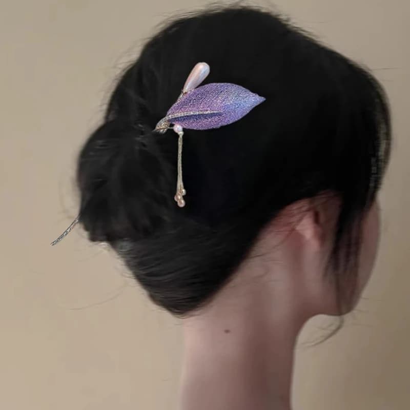 Elegante Fermaglio per Capelli in Stile Cinese con Foglie Viola, Perle e Nappine, Design Floreale, Accessorio per Capelli, Gioiello per Donne