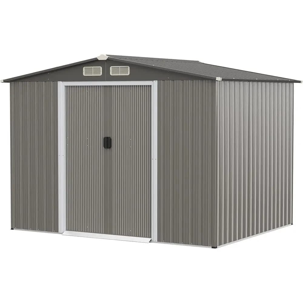 Casetta da Giardino Resistente alle Intemperie, 8.5x6.8x6ft, Organizzatore Multiuso con Base, Persiane, Doppie Porte