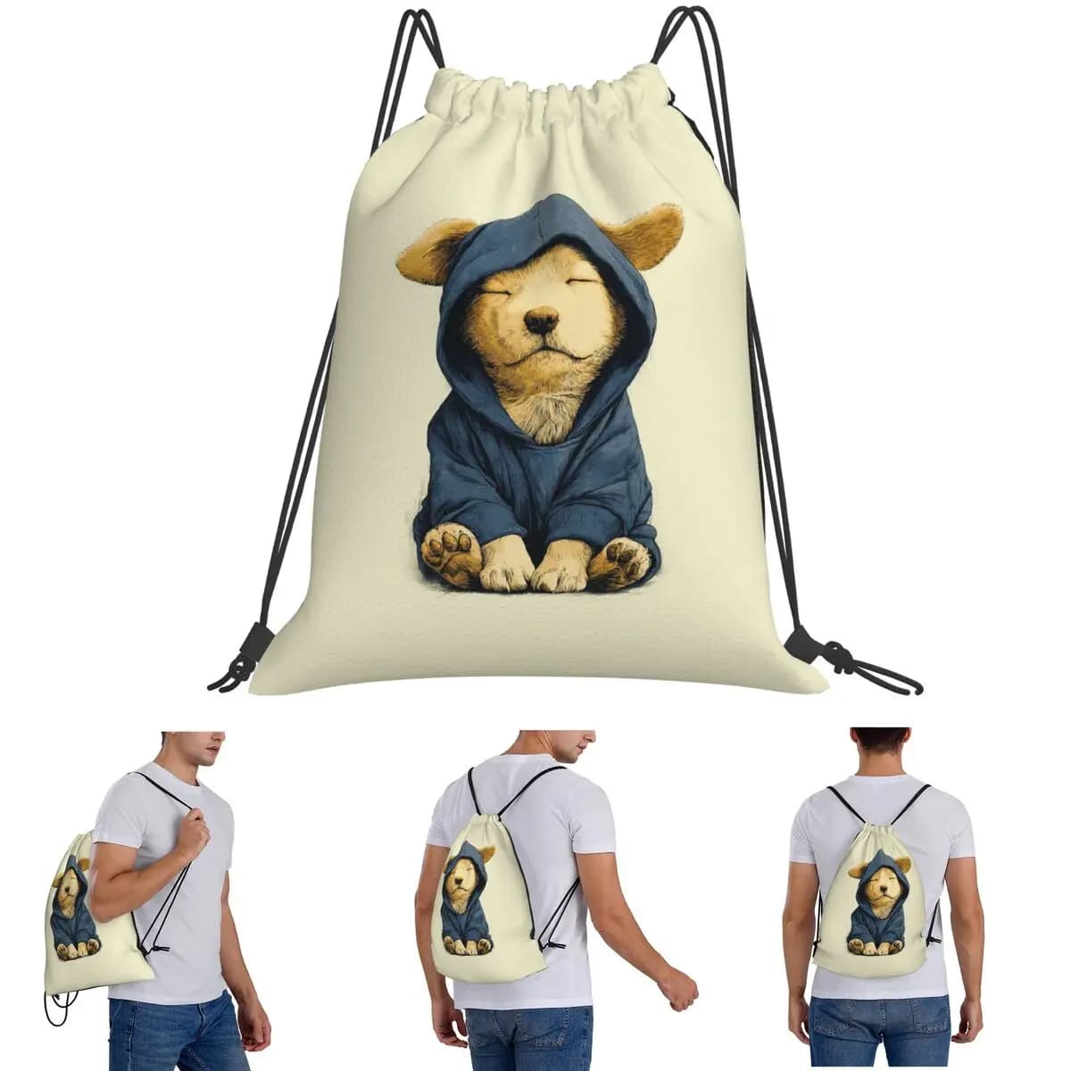 Sleeping Puppy In A Blue Hoodie Backpacks Casual Drawstring Bags Sports Bag Book Bags for Man Woman School
