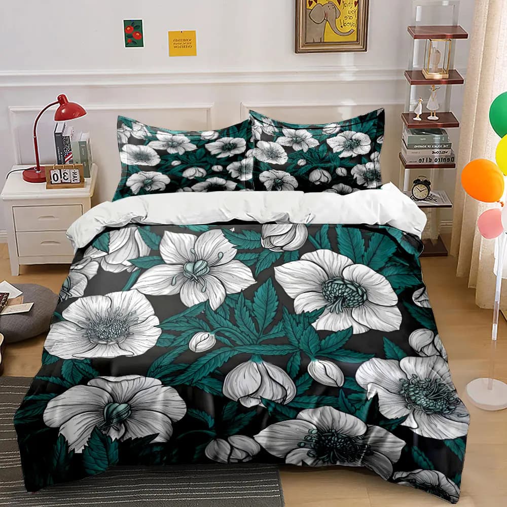 White flowers and green leaves Print Bedding Set 1 Duvet Cover 2 Pillowcases for Adult and Children Luxury Gift Full Size