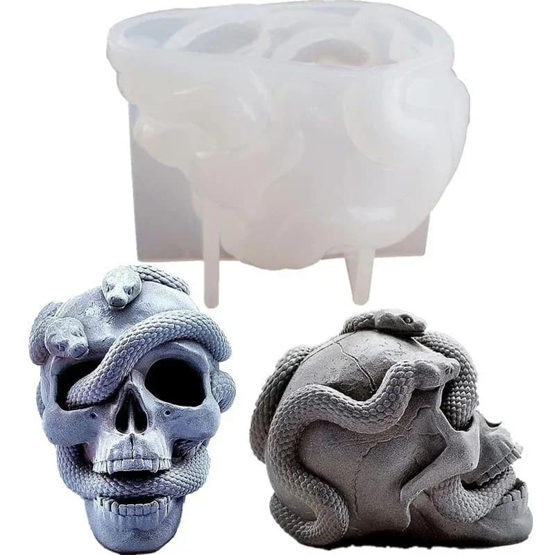 Stampo in resina epossidica fai-da-te con testa di serpente teschio Stampi in silicone a doppio serpente Stampo per candele per decorazioni da scrivania per casa horror stregata di Halloween