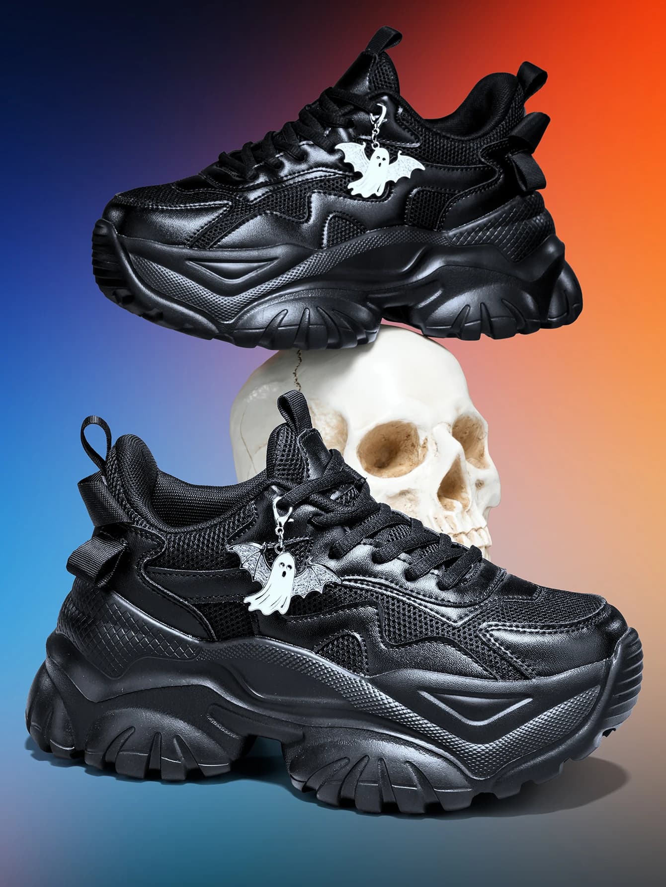 Women's Dark Gothic Style Thick-Soled 7cm Height-Increasing Dad Shoes, Sweet and Cool Y2K High Street Ghost Trend Theme, Versatile Black Casual Sneakers, Lightweight Breathable Mesh Fabric Upper, Detachable Silver Ghost Metal Charm, Eva Non-Slip Wavy Outsole, Suitable for All Seasons, Trendy Shoes for Everyday Wear, Commuting, Parties, and Multiple Occasions