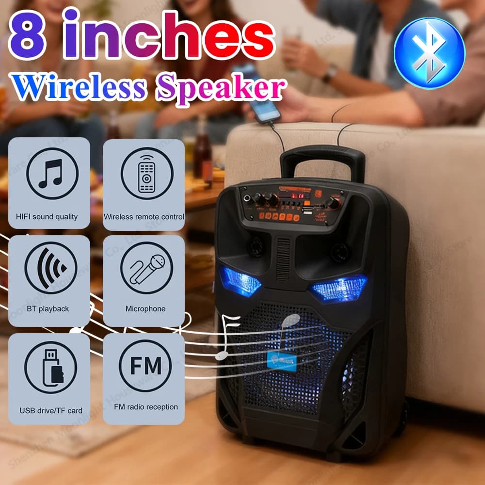 Altoparlante Bluetooth portatile Wireless Boom Box Telecomando e microfono Altoparlante per feste in casa all'aperto Radio FM Luci colorate a LED