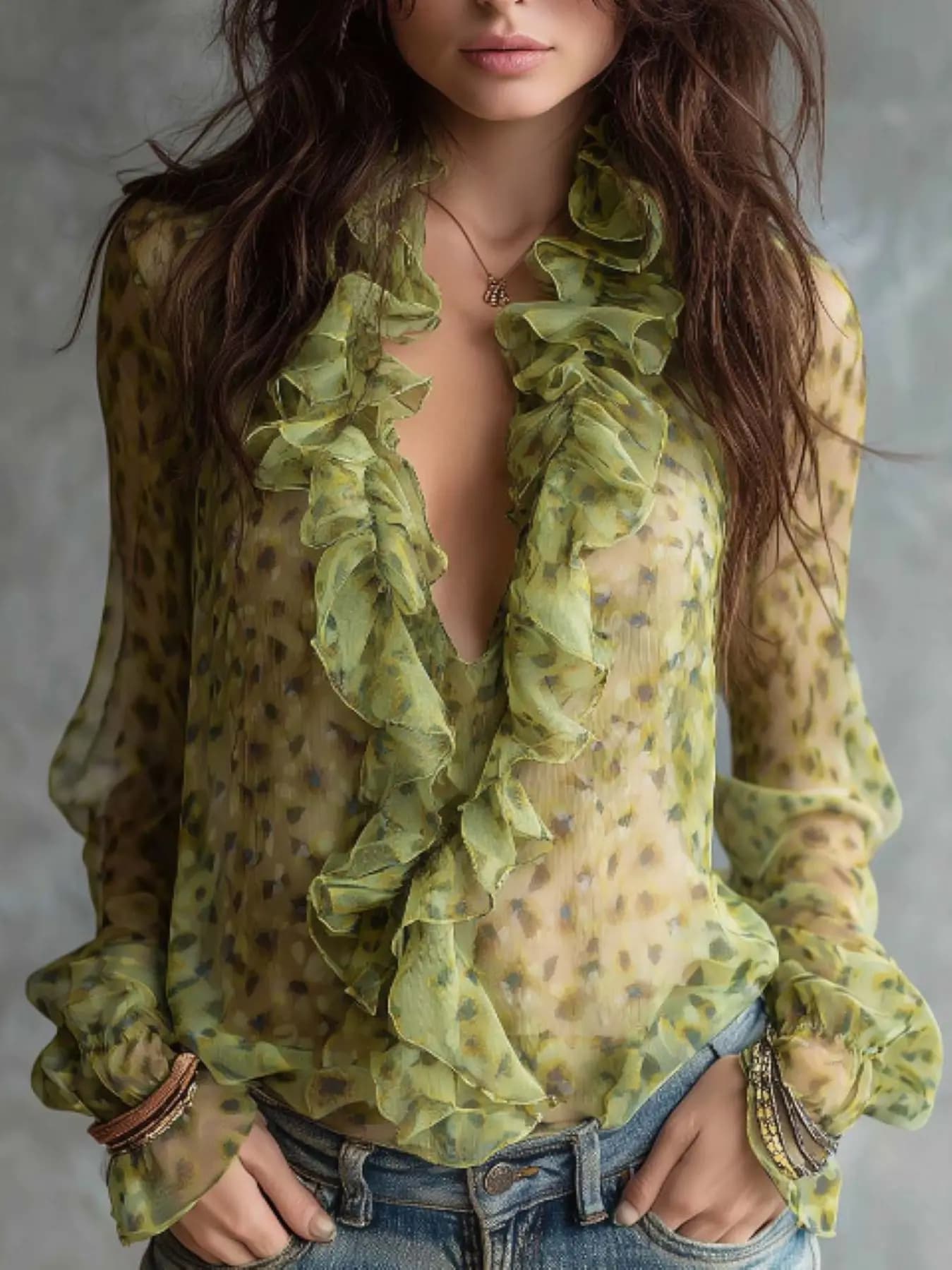 Vintage Sage Green Leopard Sheer Chiffon Ruffle Blouse, Deep V Flare Long Sleeve French Boho Thin Shirt
