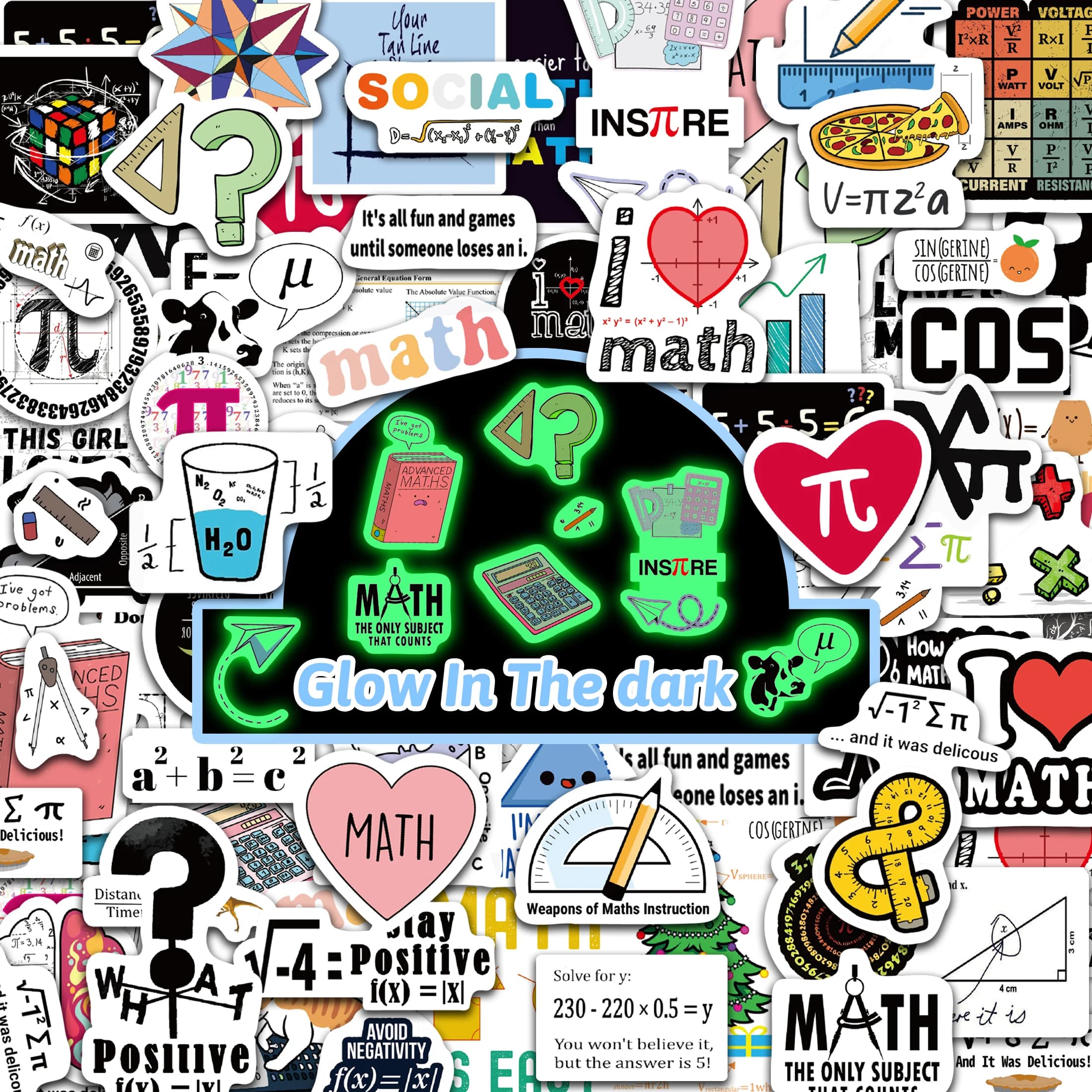 50 pz Glow-In-The-Dark Divertimento Matematica Cultura Doodle Adesivi Standalone Auto Adesivo Tazza Notebook Adesivi Per I Bambini Giocattoli Fai Da Te