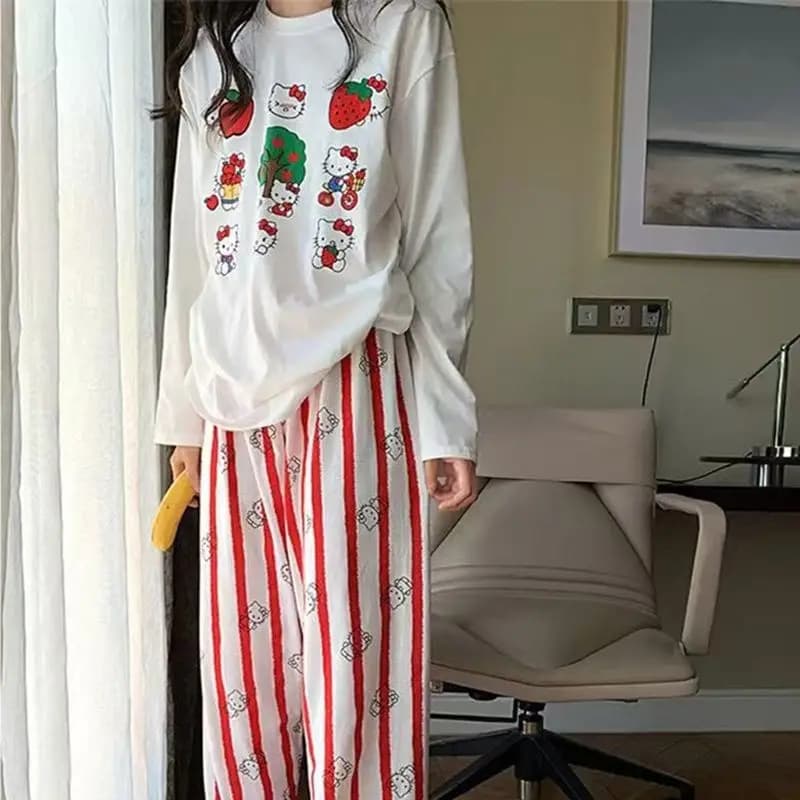 Pigiama da Donna Hello Kitty Autunno Inverno a Maniche Lunghe, Leggero, per Casa e Esterno, con Stampa Cartoon