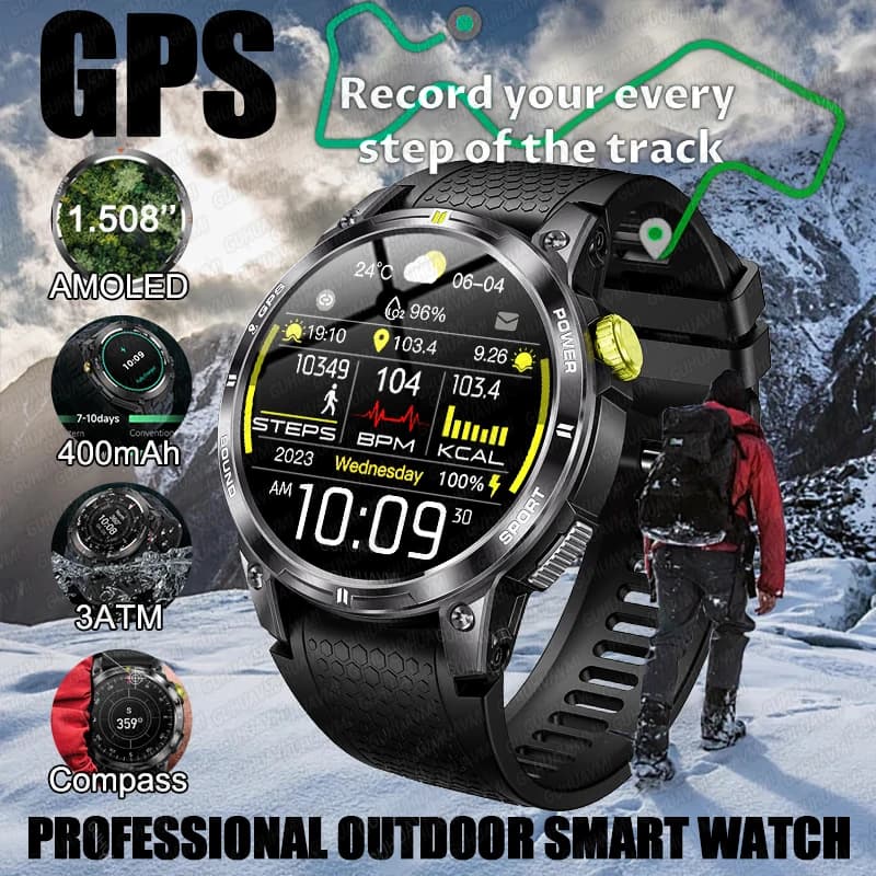 2025New Outdoor Professional GPS Trajectory Supervisory 1.5 "Screw HD Bracelet Waterproof BT Call Smartwatch Men For Android IOS