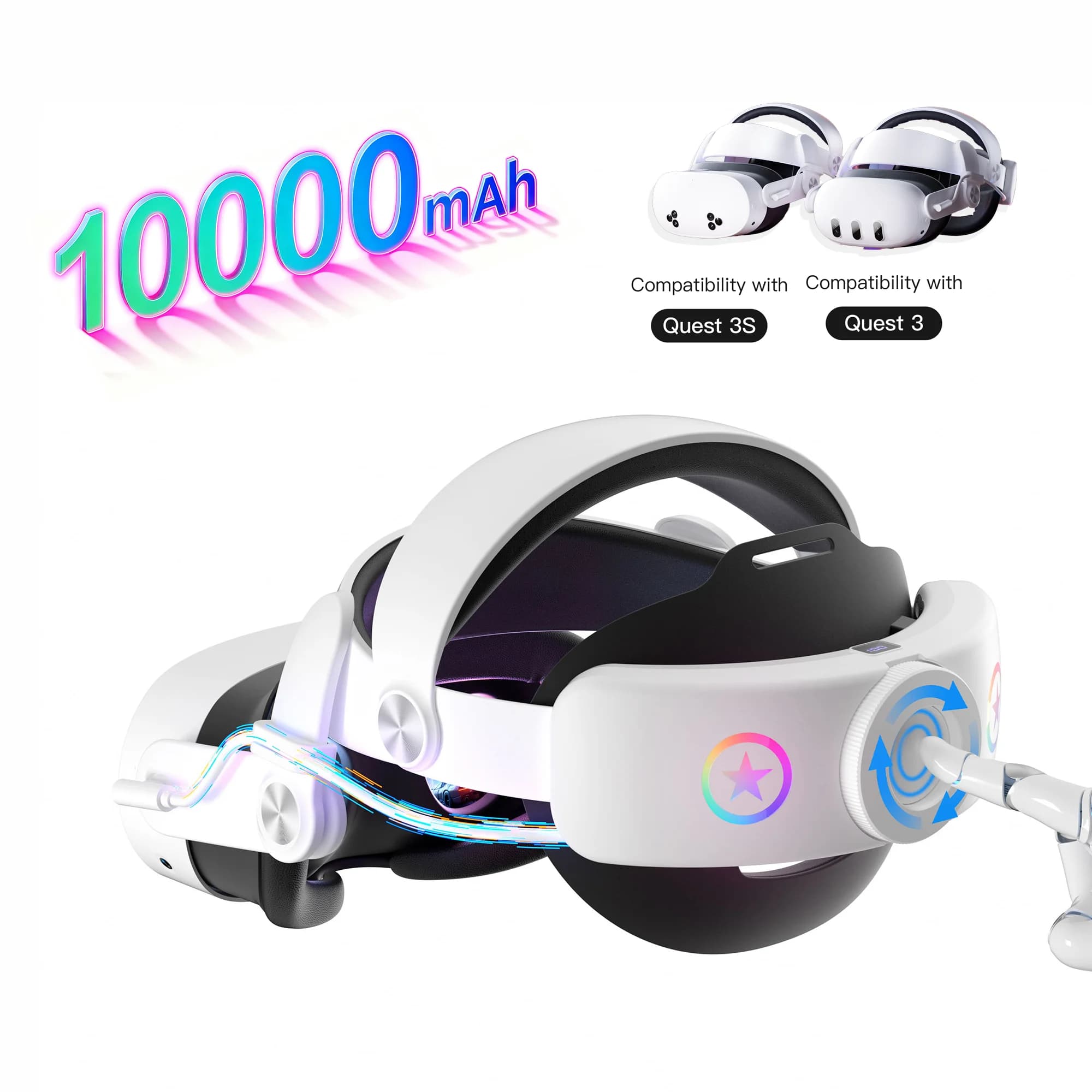 Cinturino per la testa Comfort con batteria da 10000 mAh per Meta Quest 3/Quest 3s, cinturino Elite sostitutivo, ricarica a 18W, autonomia e supporto migliorati.