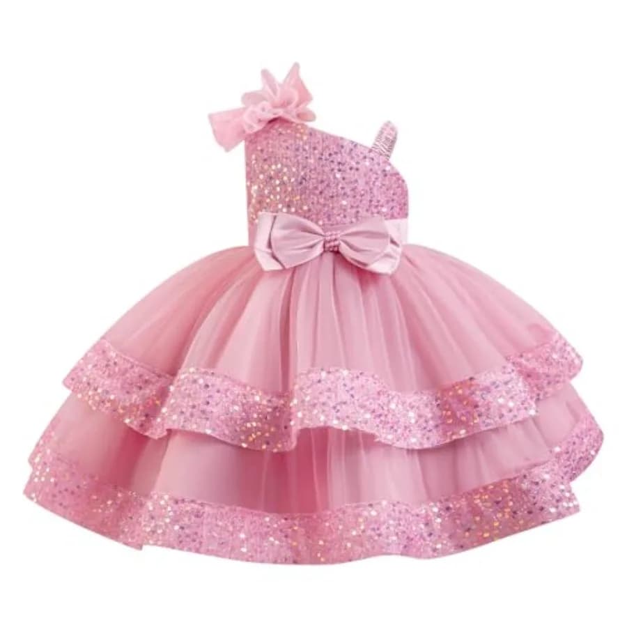 IMEKIS Toddler Baby Girls Pageant Dress Shiny Bow Asymmetric Shoulder Formal Birthday Party Tie Tulle Gowns 1-8T