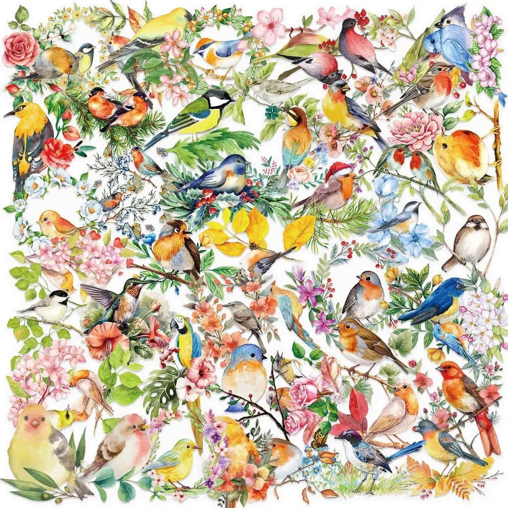 Confezione di adesivi per uccelli acquerello INS trasparenti da 50 pezzi - PET impermeabile per scrapbooking, decorazioni per chitarra e notebook Negozio AnimeWorlds
