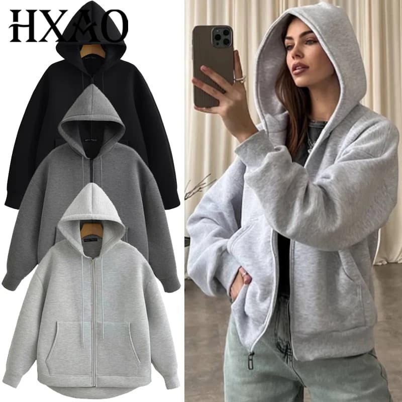 HXAO 2025 Felpe da donna Felpa con cappuccio oversize Autunno Chic Nero Grigio Grigio scuro Felpe con cappuccio Donna Felpa con cappuccio con zip a maniche lunghe