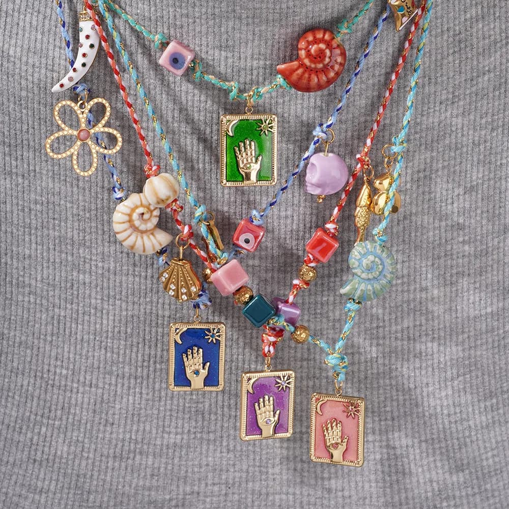 Keen on Collana Nuova Corda Colorata Conchiglia Occhio di Demone Vetro Retro Mano di Fatima Perline Tarocchi Regalo di Carta Nuovo