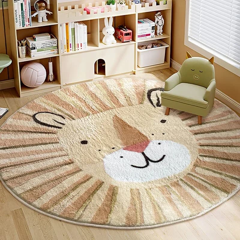 Tappeto modello leone per arredamento camera da letto in stile cartone animato Tappeti rotondi carini per soggiorno Tappeto da comodino in peluche spesso Tappetino morbido e soffice