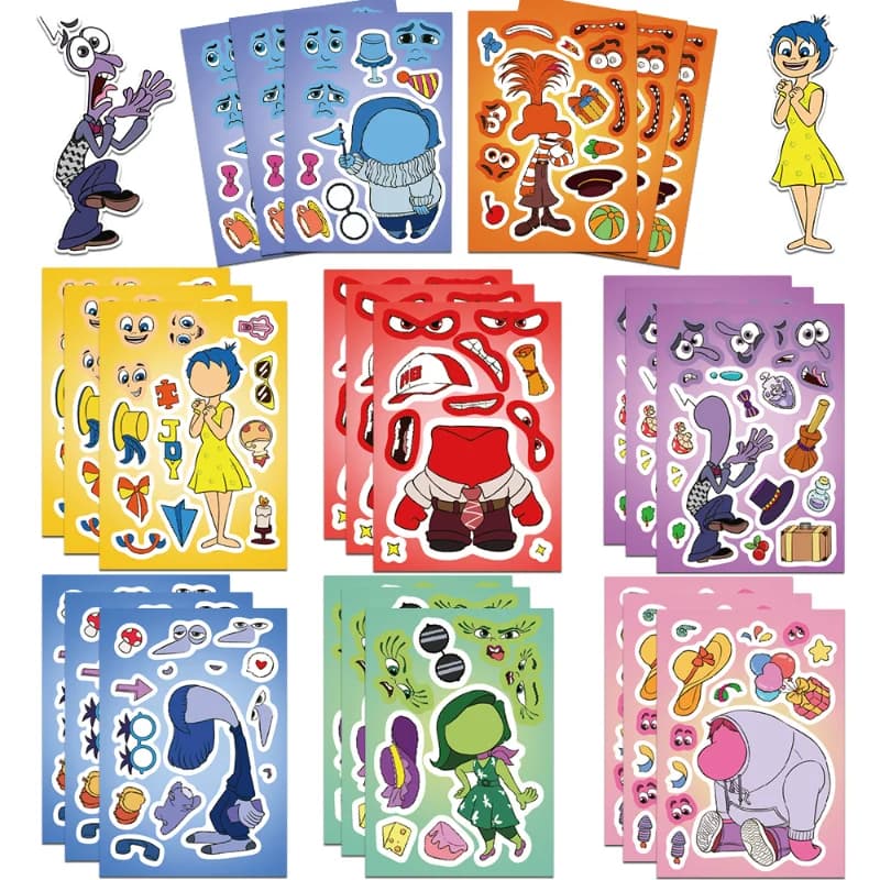 8 Fogli di Adesivi Cartoon Inside Out 2, Puzzle Anime Fai-da-Te, Adesivi per Telefono, Laptop, Valigie, Skateboard, Graffiti