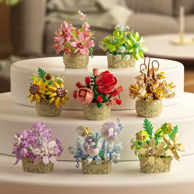 DIY MOC Flower & Tree Gardens - Rose in pot, sunflowers, oily plants Bonsai Girl - Kit of construction blocks for children