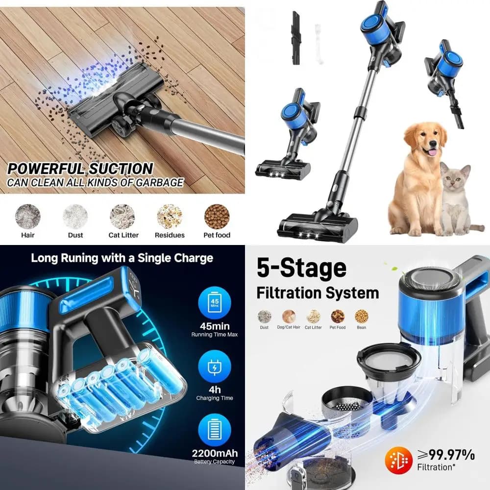 Aspirapolvere a bastone leggero 8-in-1, autonomia di 45 minuti, forte aspirazione, senza fili per pavimenti duri e tappeti, rimuove i peli di animali domestici