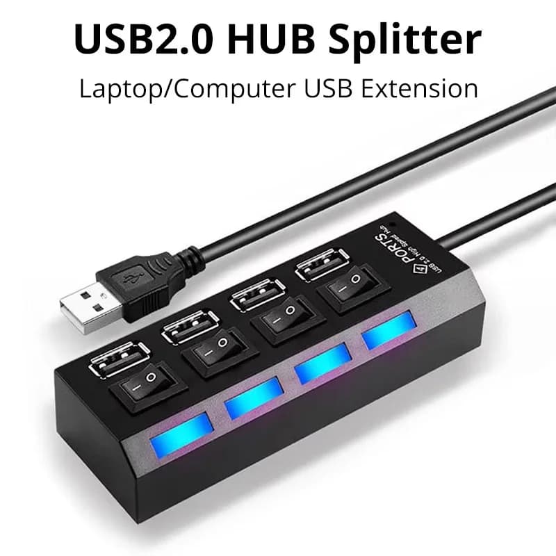 4 In 1 High Speed 4 Port LED USB 2.0 Adapter Extension Hub Multi-Port Socket ON/OFF Switch Charger Splitter For Computer Laptops