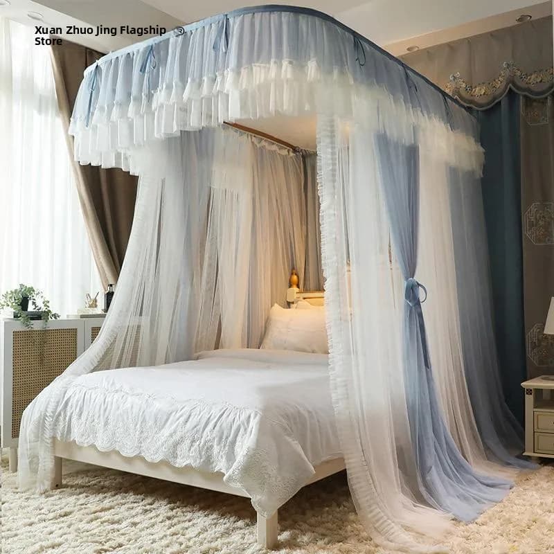 Summer New Double Layer U-Shape Track Mosquito Net Floor Standing Three Door Bed Curtain Thickened Single Double Bed Canopy