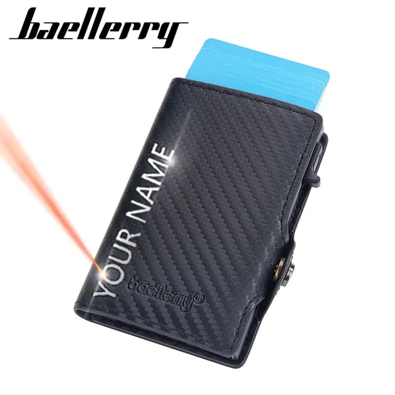 Nuovi mini portafogli per carte da uomo RFID Nome personalizzato Porta carte piccolo sottile Portafogli maschili Portafoglio da uomo in fibra di carbonio Clip per carte popup