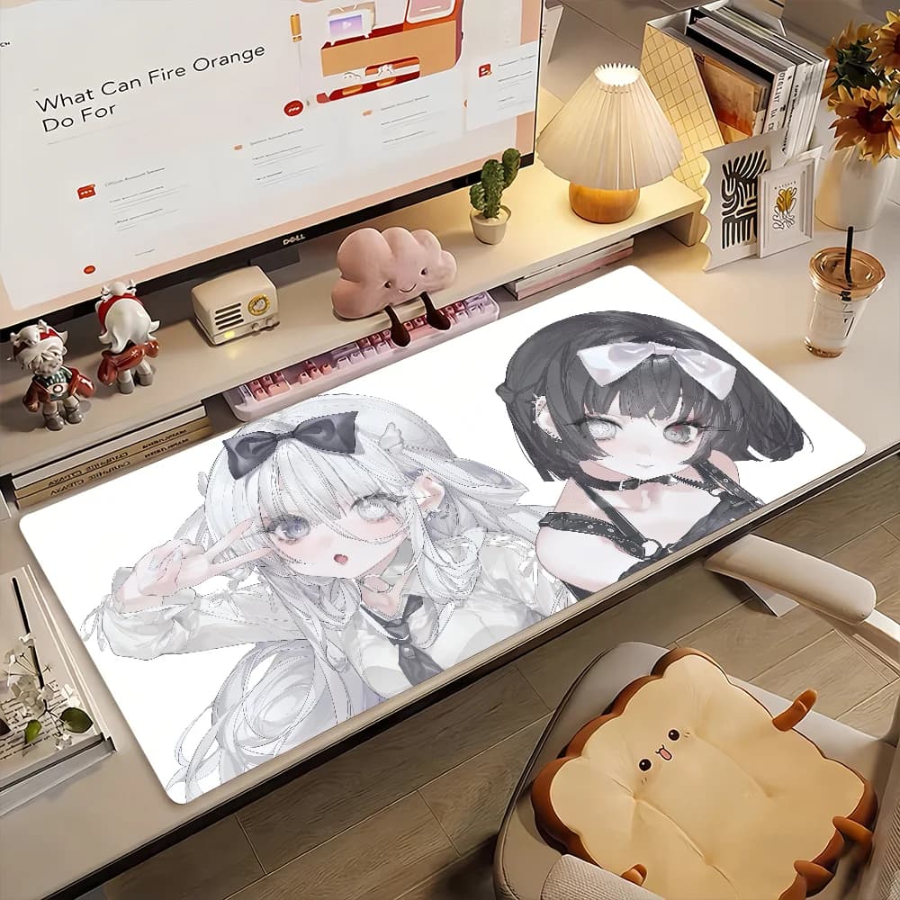 Tappetino per mouse da gaming, grande tappetino da scrivania, bordi cuciti, stampa con ragazze anime carine e fiocchi bianchi e neri, tappetino per tastiera per giocatori, ufficio e casa