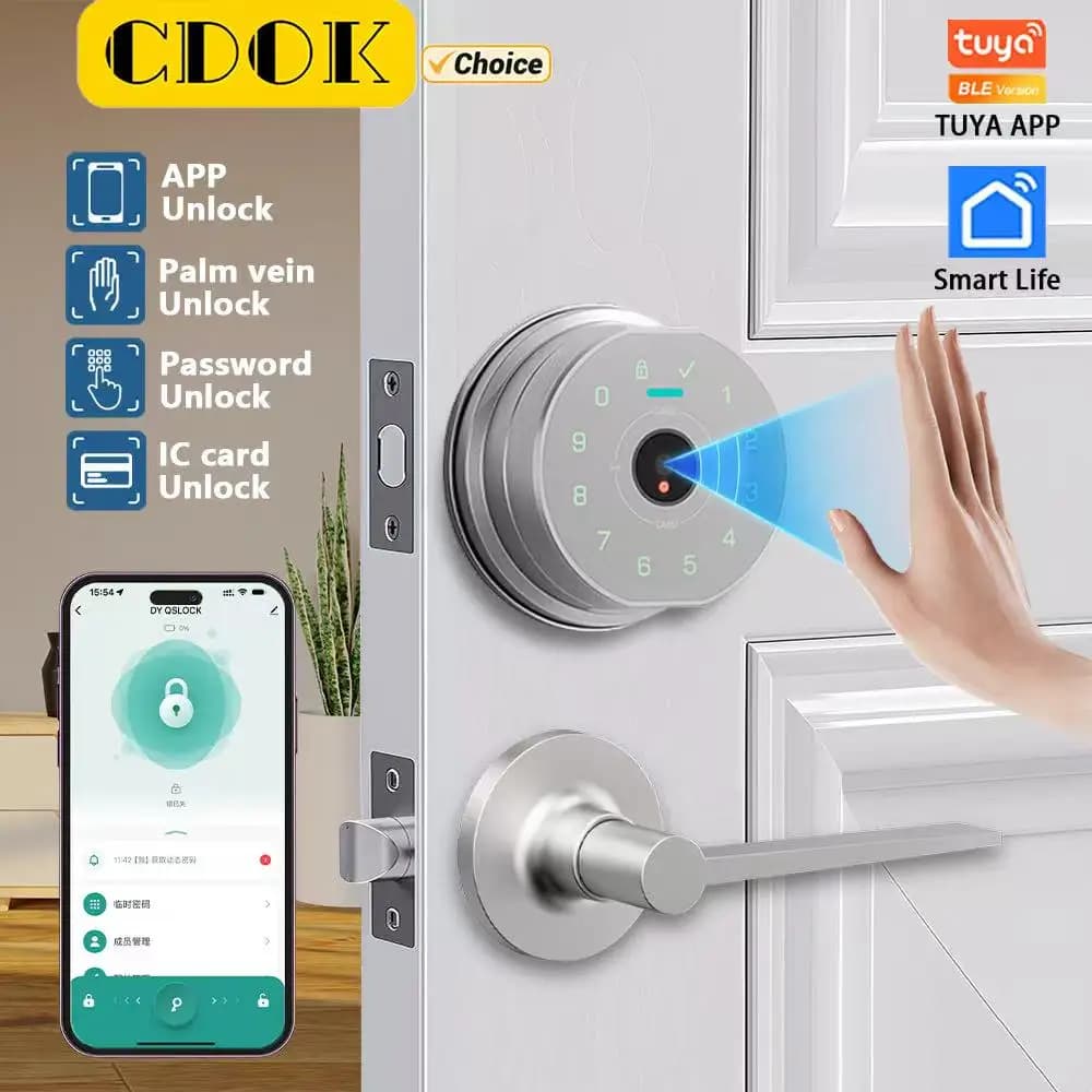 Smart lock CDOK K10, sblocco con vena di palma/impronta digitale, supporto password dinamica remota, materiale in lega, sicuro e durevole