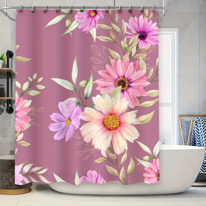 Tenda da doccia con fiori rosa Decorazione da bagno romantica per la decorazione domestica Tappetino da bagno stampato floreale ad acquerello con tasca per asta Perfec
