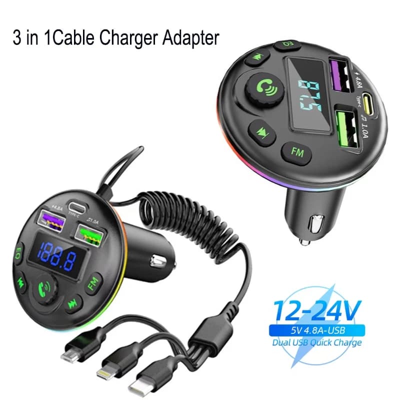 Trasmettitore FM Bluetooth 5.0 per auto con cavo di ricarica 3 in 1 Ricevitore audio vivavoce Carica luce ambientale per iPhone Huawei Xiaomi