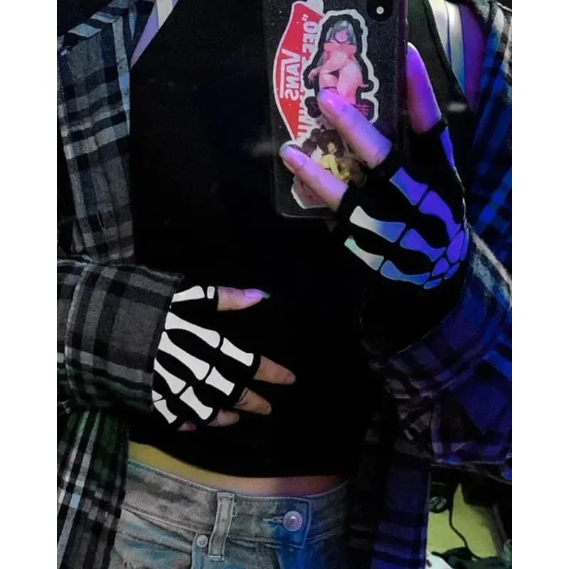 1/2 paia di guanti punk unisex Halloween scheletro teschio guanti mezze dita bagliore nel buio senza dita maglia elasticizzata invernale Mitte