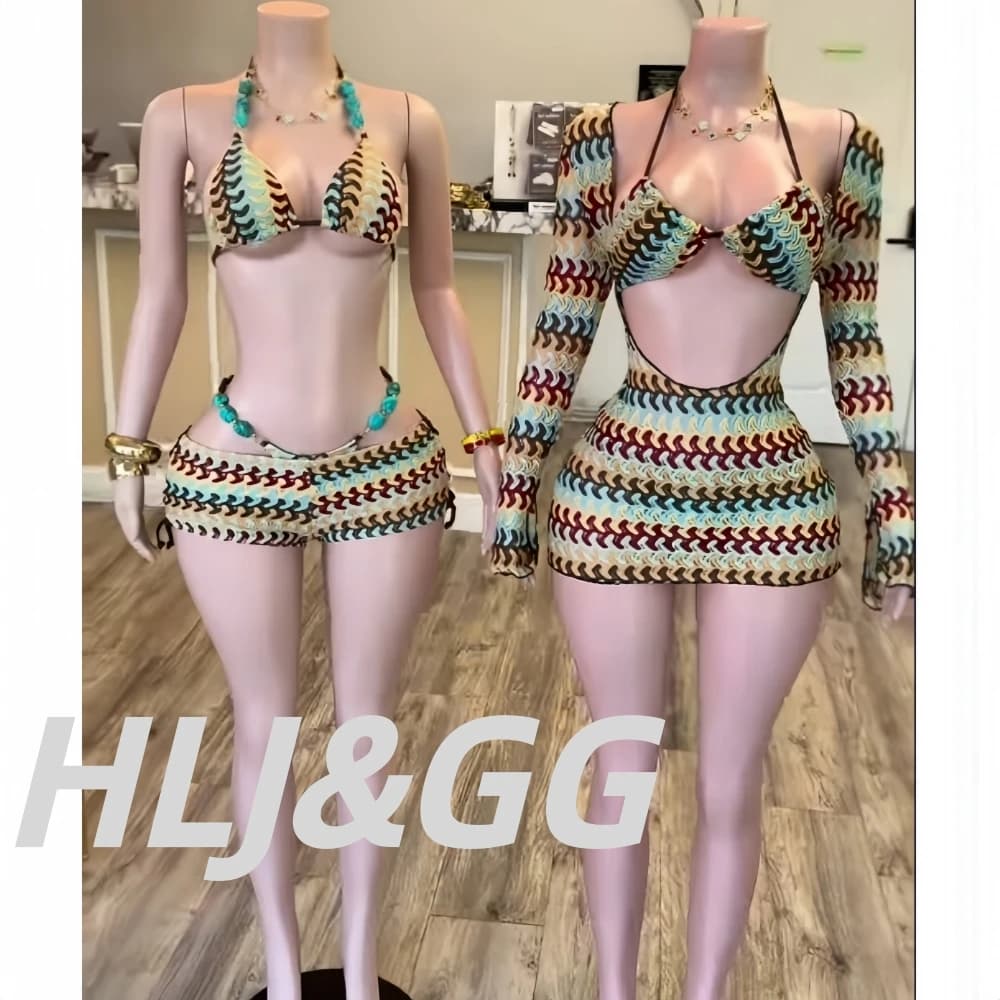 HLJ Y2K Fashion Coffee Striped Bikini Set 2026 Women Beaded String Hollow Out Crop Top Thong Swimsuit Summer Suit Holiday New